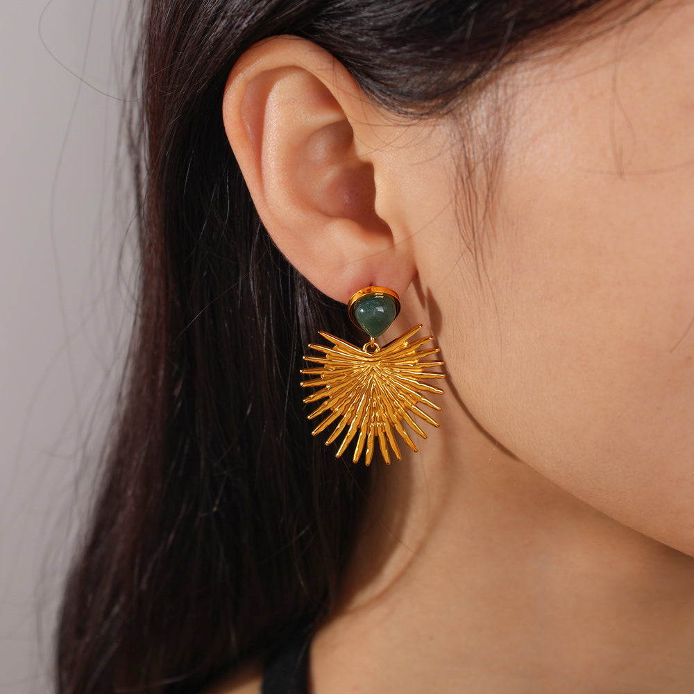 Vintage Gold Fan-shaped Natural Stone Earrings, 18K Gold Plated Stainless Steel, Sun Pattern, Niche Design Ear Jewelry