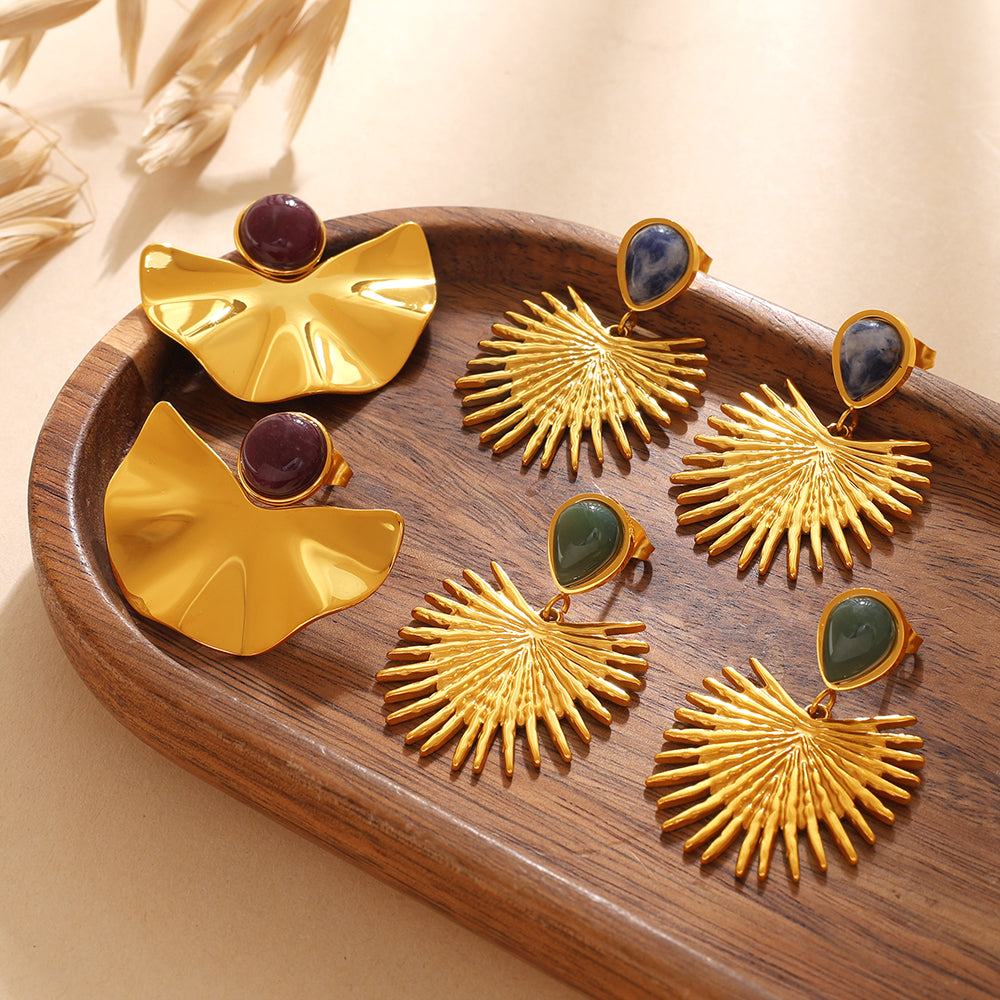 Vintage Gold Fan-shaped Natural Stone Earrings, 18K Gold Plated Stainless Steel, Sun Pattern, Niche Design Ear Jewelry