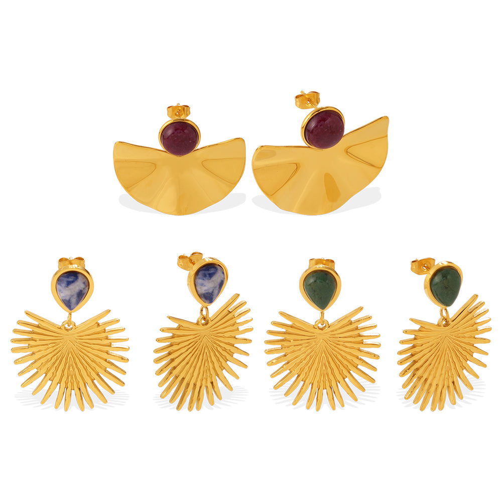 Vintage Gold Fan-shaped Natural Stone Earrings, 18K Gold Plated Stainless Steel, Sun Pattern, Niche Design Ear Jewelry