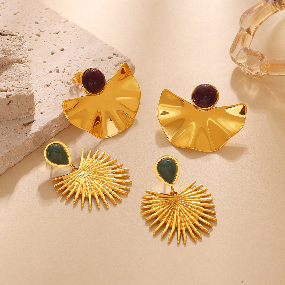 Vintage Gold Fan-shaped Natural Stone Earrings, 18K Gold Plated Stainless Steel, Sun Pattern, Niche Design Ear Jewelry