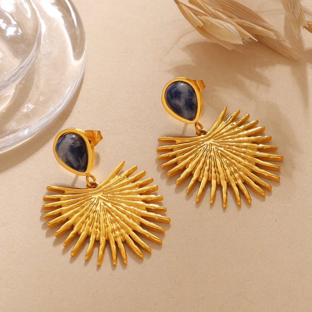 Vintage Gold Fan-shaped Natural Stone Earrings, 18K Gold Plated Stainless Steel, Sun Pattern, Niche Design Ear Jewelry