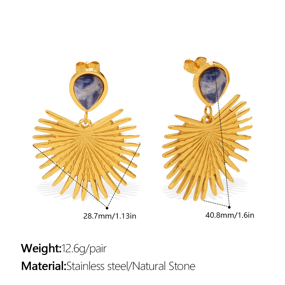 Vintage Gold Fan-shaped Natural Stone Earrings, 18K Gold Plated Stainless Steel, Sun Pattern, Niche Design Ear Jewelry