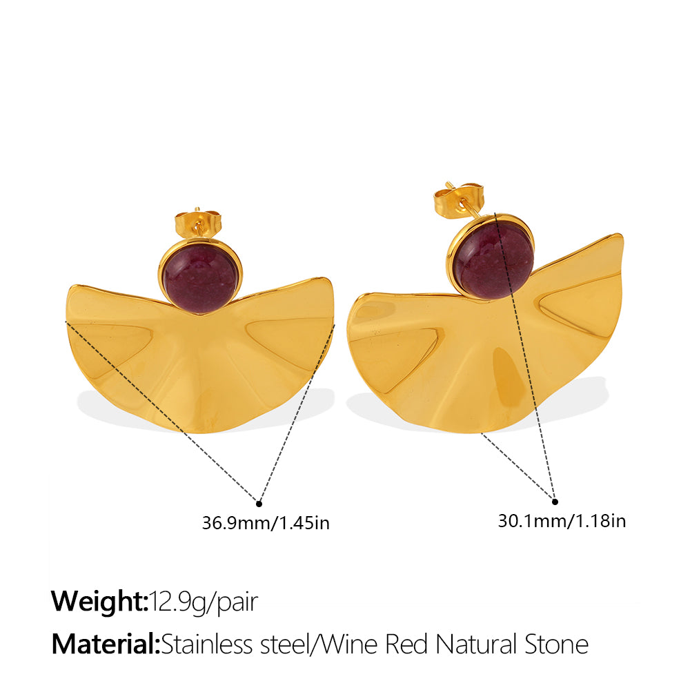 Vintage Gold Fan-shaped Natural Stone Earrings, 18K Gold Plated Stainless Steel, Sun Pattern, Niche Design Ear Jewelry