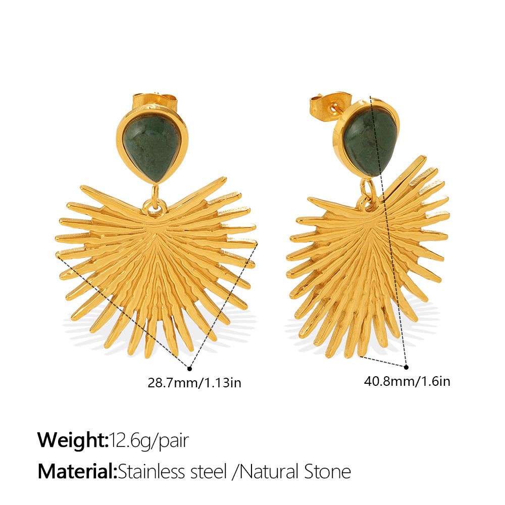 Vintage Gold Fan-shaped Natural Stone Earrings, 18K Gold Plated Stainless Steel, Sun Pattern, Niche Design Ear Jewelry